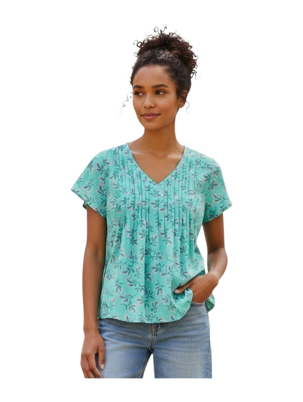 Organic cotton floral blouse v-neck women M pullover short sleeve blue pintuck